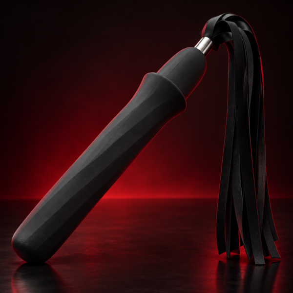 Electric Flogger with black handle and tassels against a red and black background