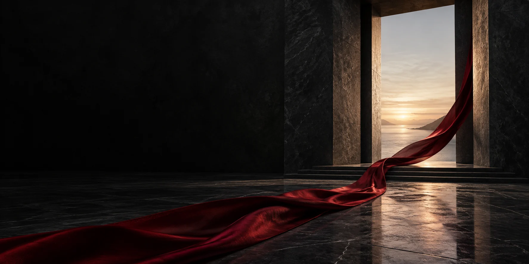 Conceptual artwork of crimson silk passing through a dark stone doorway toward a dawn horizon