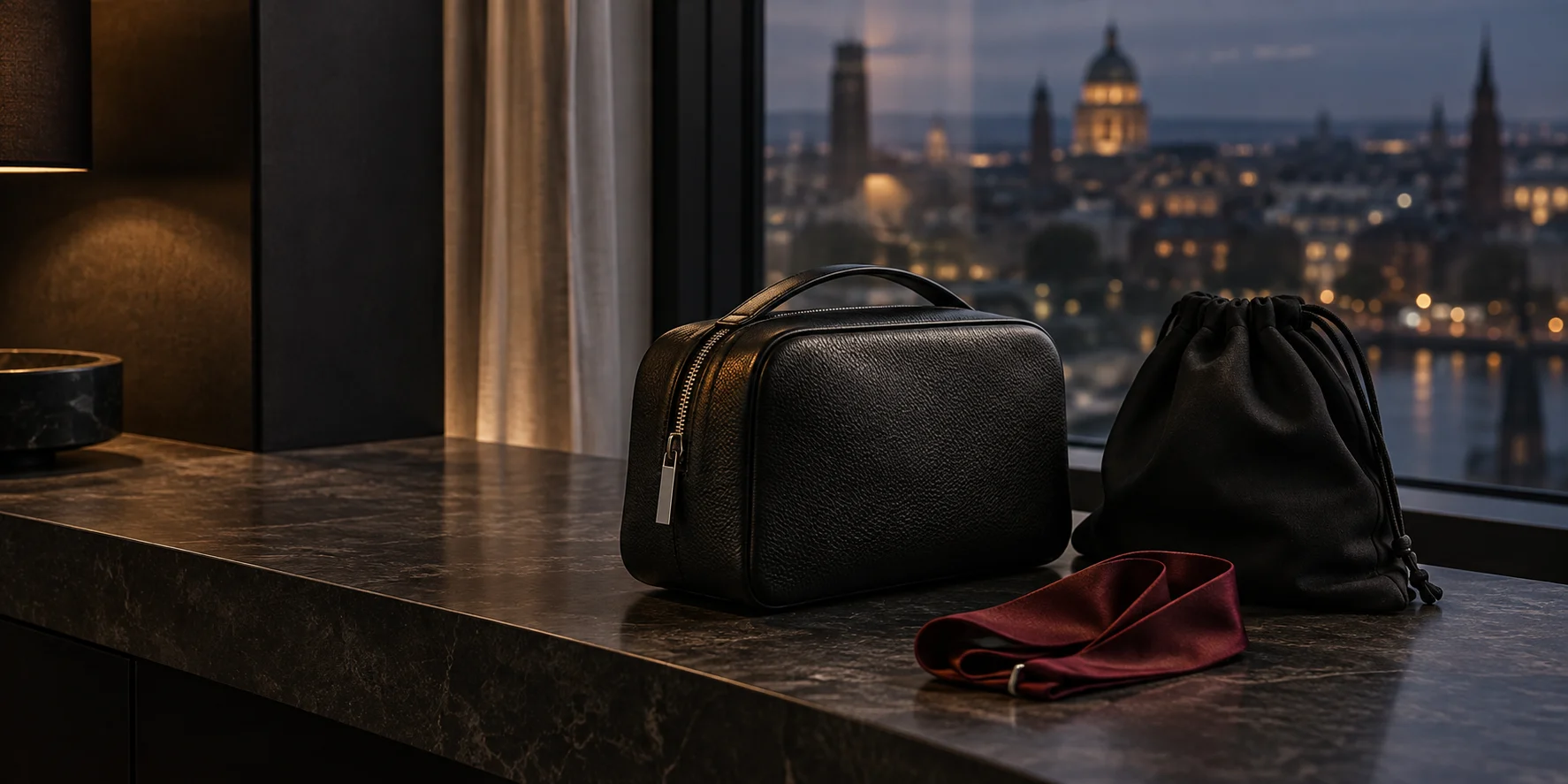 Editorial still life of travel essentials beside a hotel window at dusk